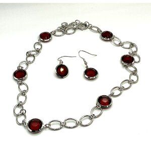 Silver Chain Necklace and Red Gem Earrings Set